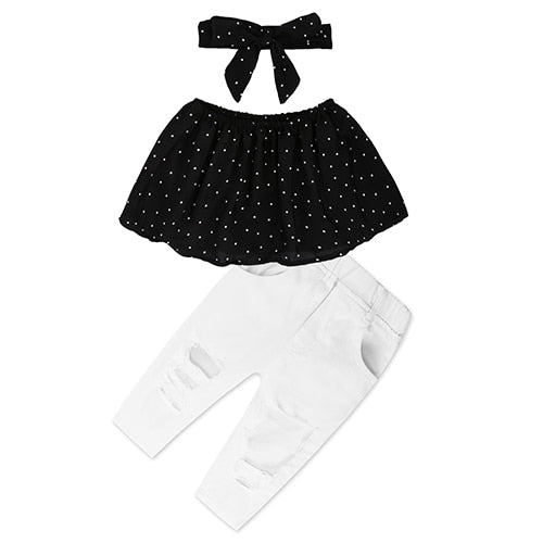 Kids Baby Girl stripe Off Shoulder Hanging neck Top + pink hole pants Outfits Clothes Summer 3Pcs Kid Girls Clothing Set Dtz376