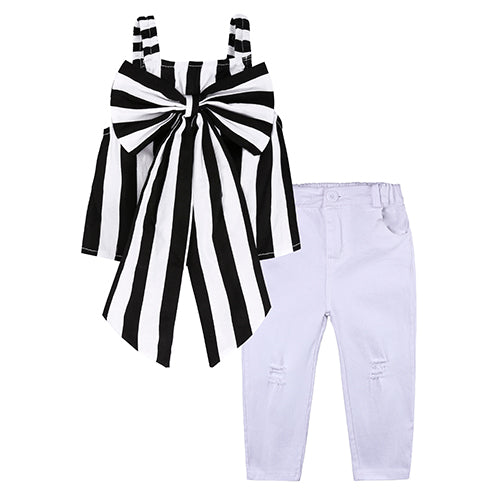 Kids Baby Girl stripe Off Shoulder Hanging neck Top + pink hole pants Outfits Clothes Summer 3Pcs Kid Girls Clothing Set Dtz376