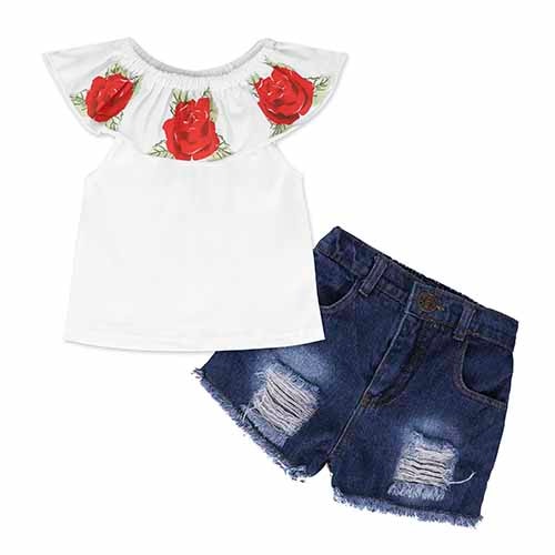 Kids Baby Girl stripe Off Shoulder Hanging neck Top + pink hole pants Outfits Clothes Summer 3Pcs Kid Girls Clothing Set Dtz376