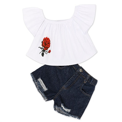 Kids Baby Girl stripe Off Shoulder Hanging neck Top + pink hole pants Outfits Clothes Summer 3Pcs Kid Girls Clothing Set Dtz376