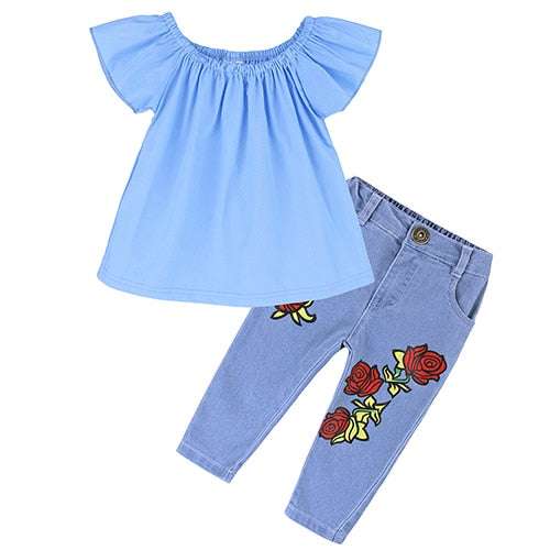 Kids Baby Girl stripe Off Shoulder Hanging neck Top + pink hole pants Outfits Clothes Summer 3Pcs Kid Girls Clothing Set Dtz376