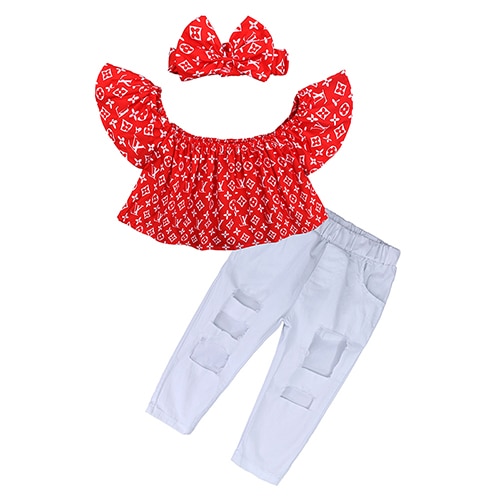 Kids Baby Girl stripe Off Shoulder Hanging neck Top + pink hole pants Outfits Clothes Summer 3Pcs Kid Girls Clothing Set Dtz376